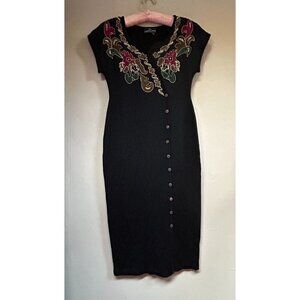Vintage Carole Little Cap Sleeve Knit Midi Dress Appliqué Floral Petite Medium